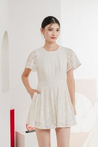 Oriental Pleated Lace Romper In Vanilla