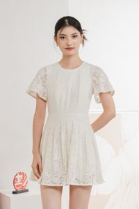 Oriental Pleated Lace Romper In Vanilla