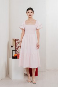 Naia Smocked Flare Sleeves Midi Dress In Pastel Pink