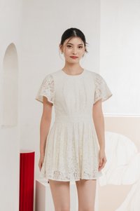 Oriental Pleated Lace Romper In Vanilla
