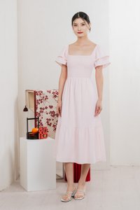 Naia Smocked Flare Sleeves Midi Dress In Pastel Pink