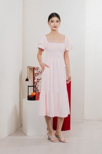 Naia Smocked Flare Sleeves Midi Dress In Pastel Pink
