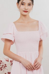 Naia Smocked Flare Sleeves Midi Dress In Pastel Pink