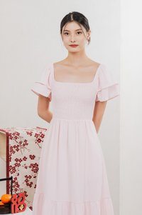 Naia Smocked Flare Sleeves Midi Dress In Pastel Pink