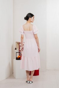 Naia Smocked Flare Sleeves Midi Dress In Pastel Pink