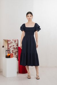 Naia Smocked Flare Sleeves Midi Dress In Navy (XS)