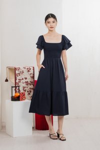 Naia Smocked Flare Sleeves Midi Dress In Navy (XS)