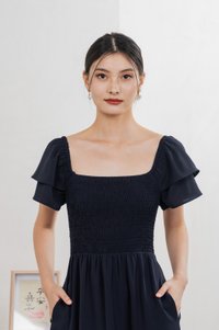 Naia Smocked Flare Sleeves Midi Dress In Navy (XS)