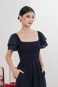 Naia Smocked Flare Sleeves Midi Dress In Navy (XS)
