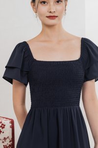 Naia Smocked Flare Sleeves Midi Dress In Navy (XS)