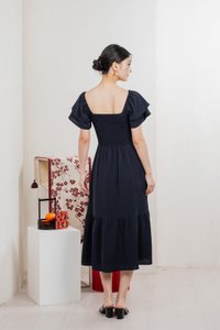 Naia Smocked Flare Sleeves Midi Dress In Navy (XS)