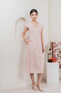 Meraline Embroidery Lace Midi Dress In Dusty Pink