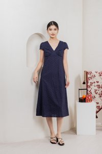 Meraline Embroidery Lace Midi Dress In Navy
