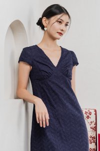 Meraline Embroidery Lace Midi Dress In Navy