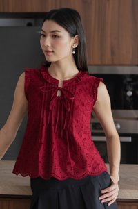Heartstrings Eyelet Ruffles Top In Wine Red