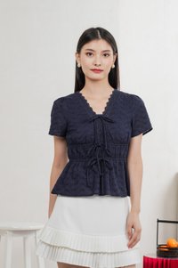 Aviva Eyelet Ribbon Top In Navy