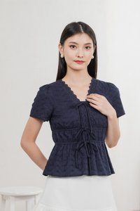 Aviva Eyelet Ribbon Top In Navy