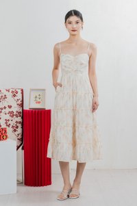 Jing Eyelet Floral Tiered Midi Dress In Cream
