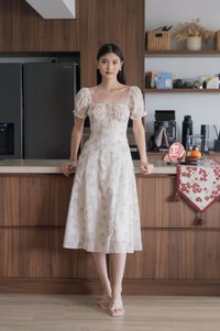 Magnolia Eyelet Ruched Midi Dress In Sand
