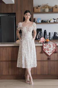 Magnolia Eyelet Ruched Midi Dress In Sand