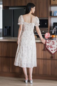 Magnolia Eyelet Ruched Midi Dress In Sand