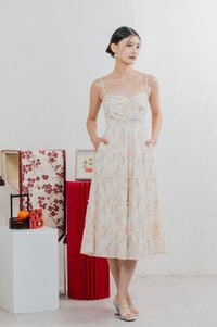 Jing Eyelet Floral Tiered Midi Dress In Cream