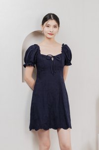 Sage Embroidered Tie Ribbon Dress In Navy