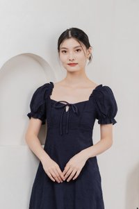 Sage Embroidered Tie Ribbon Dress In Navy