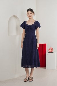 Princia Eyelet Ribbon Midi Dress In Navy