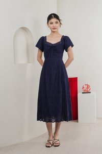 Princia Eyelet Ribbon Midi Dress In Navy