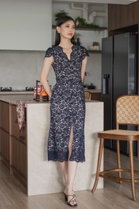 Xiu Lace Buttons Maxi Dress In Navy