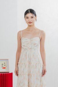 Jing Eyelet Floral Tiered Midi Dress In Cream