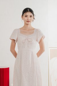 Princia Eyelet Ribbon Midi Dress In Light Pink
