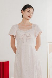 Princia Eyelet Ribbon Midi Dress In Light Pink
