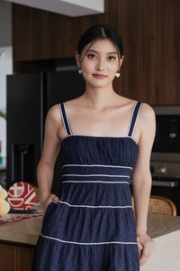 Vienna Eyelet Contrast Midi Dress In Navy