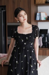 Rosea Embroidery Textured Midi Dress In Black