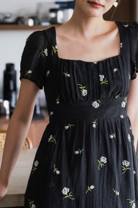 Rosea Embroidery Textured Midi Dress In Black