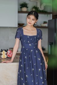 Rosea Embroidery Textured Midi Dress In Navy
