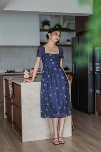 Rosea Embroidery Textured Midi Dress In Navy