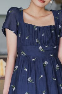 Rosea Embroidery Textured Midi Dress In Navy