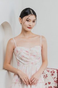 Jing Eyelet Floral Tiered Midi Dress In Blush Pink