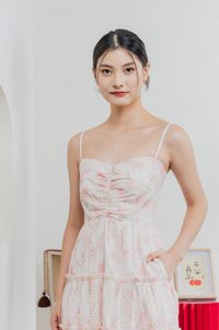 Jing Eyelet Floral Tiered Midi Dress In Blush Pink
