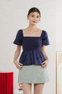Marcelle Mixed Fabric Ribbon Texture Top In Navy