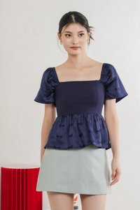 Marcelle Mixed Fabric Ribbon Texture Top In Navy