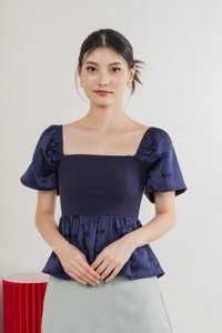 Marcelle Mixed Fabric Ribbon Texture Top In Navy