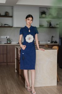 Ai Denim Ruched Qipao Midi Dress in Dark Wash