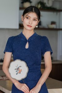Ai Denim Ruched Qipao Midi Dress in Dark Wash