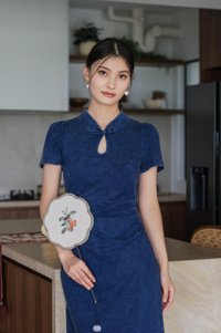 Ai Denim Ruched Qipao Midi Dress in Dark Wash