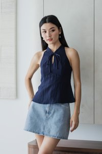 Lunar Mandarin Collar Halter Top In Navy