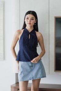 Lunar Mandarin Collar Halter Top In Navy